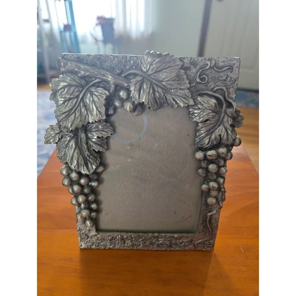 Vintage Pewter Heavy Photo Frame Grape Vine Leaves 5.5